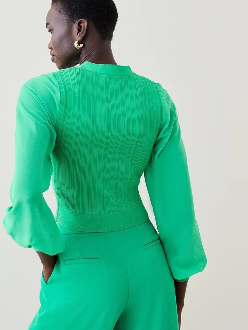 Karen Millen Green Plissé Rib Knit Cardigan Gold Button V-Neck Sweater NWT XXXL - Picture 11 of 12